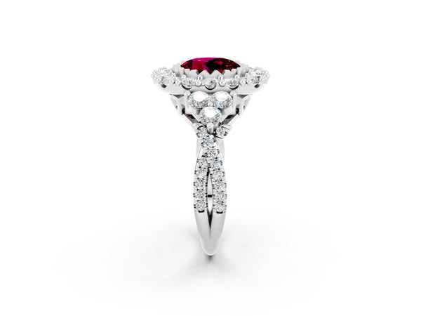 Silver Round Cut Garnet Halo Ring with Pavé Band and Four-Prong Setting
