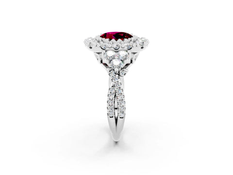 White gold Round Cut Garnet Halo Ring with Pavé Band and Four-Prong Setting_14