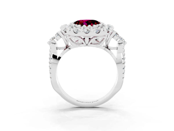 Silver Round Cut Garnet Halo Ring with Pavé Band and Four-Prong Setting