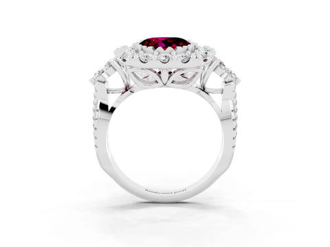White gold Round Cut Garnet Halo Ring with Pavé Band and Four-Prong Setting_15