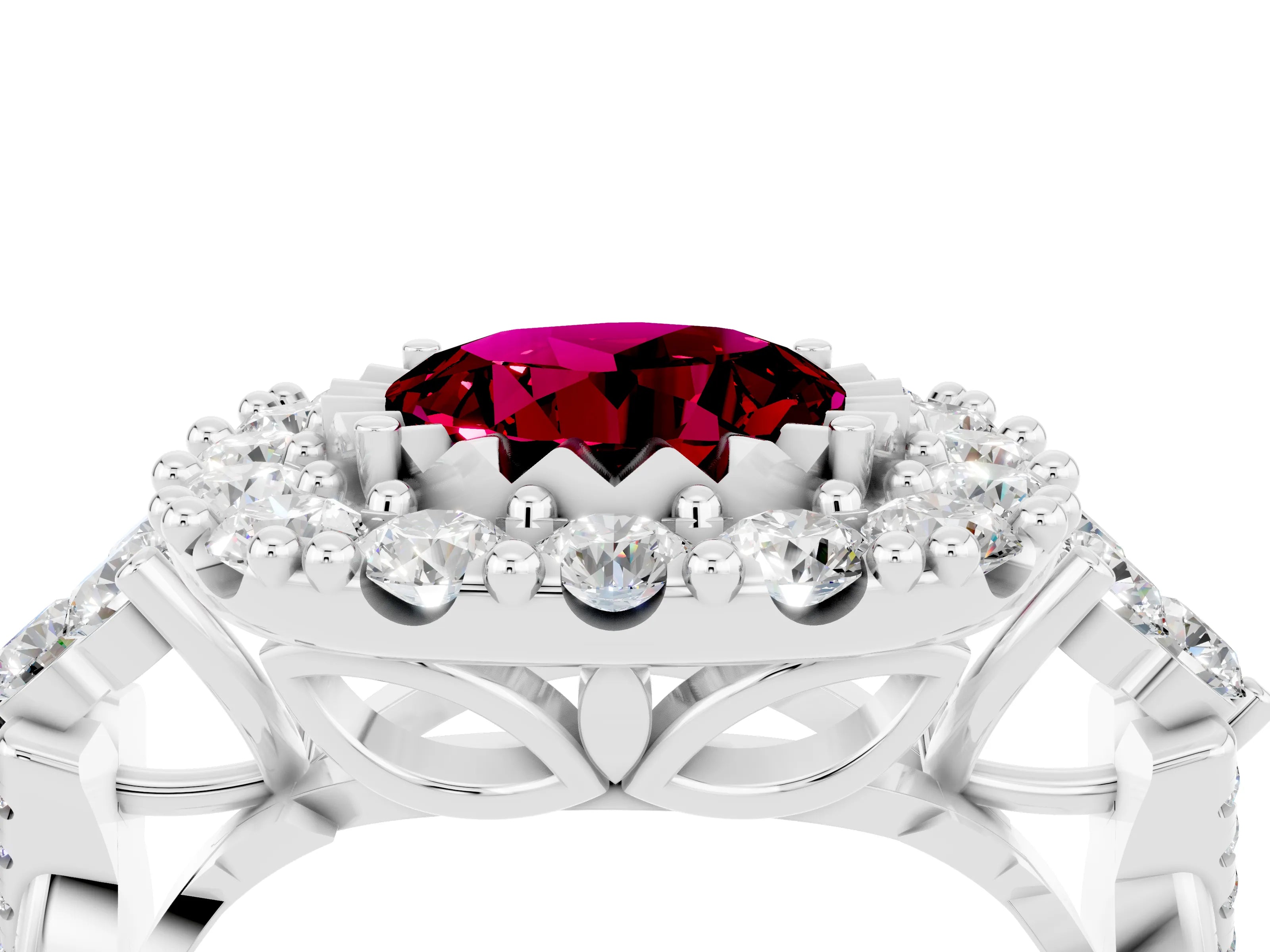White gold Round Cut Garnet Halo Ring with Pavé Band and Four-Prong Setting_16