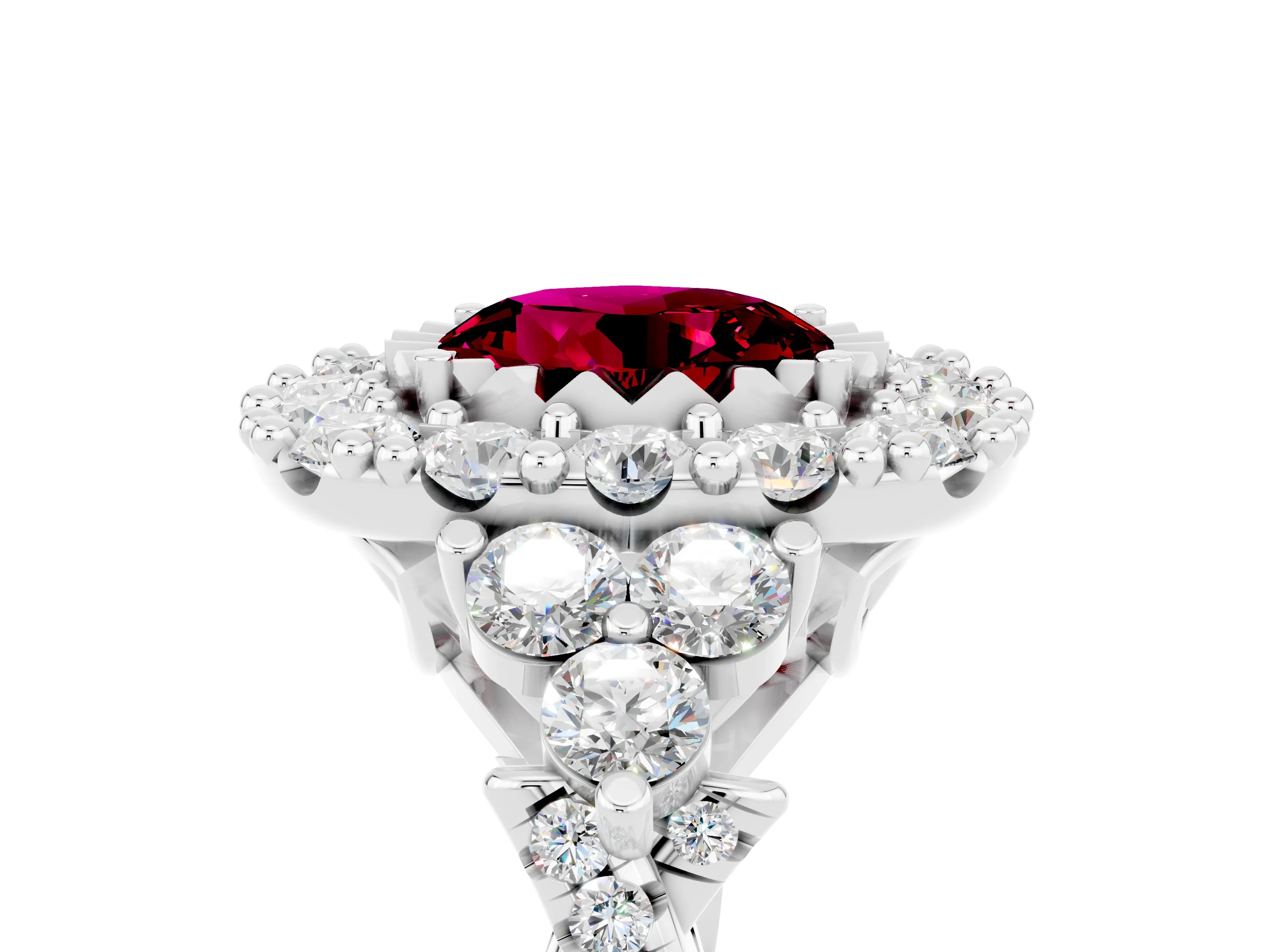 White gold Round Cut Garnet Halo Ring with Pavé Band and Four-Prong Setting_17