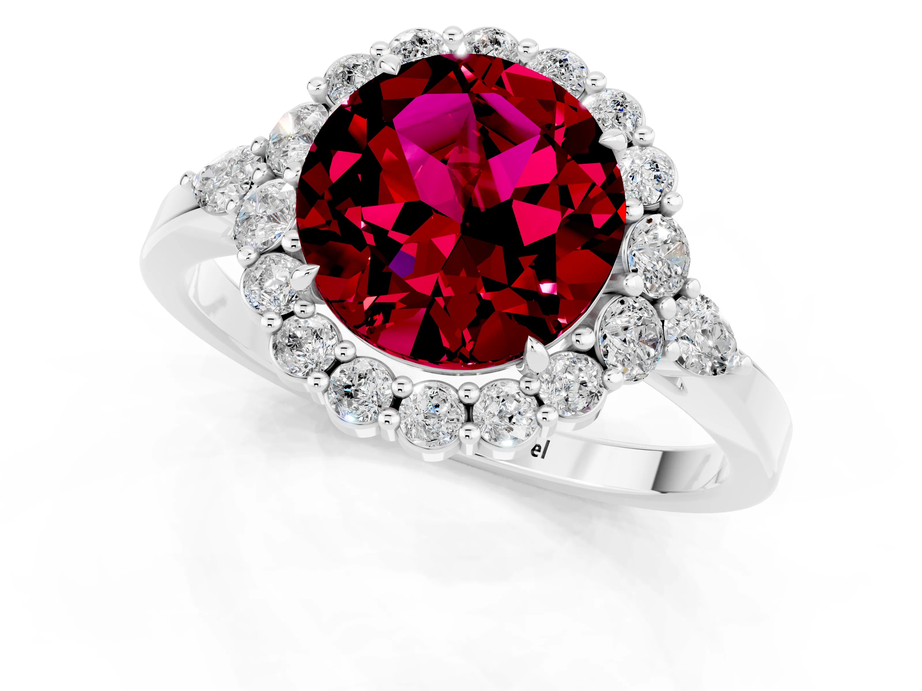 White gold Round Cut Garnet Halo Ring with Pear Side Stones and Prong Setting_25