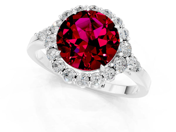 Silver Round Cut Garnet Halo Ring with Pear Side Stones and Prong Setting
