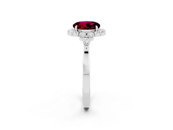 White gold Round Cut Garnet Halo Ring with Pear Side Stones and Prong Setting