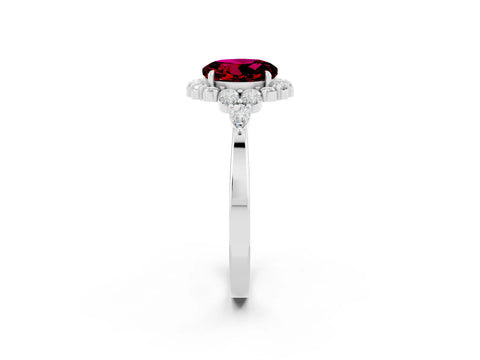 White gold Round Cut Garnet Halo Ring with Pear Side Stones and Prong Setting_26