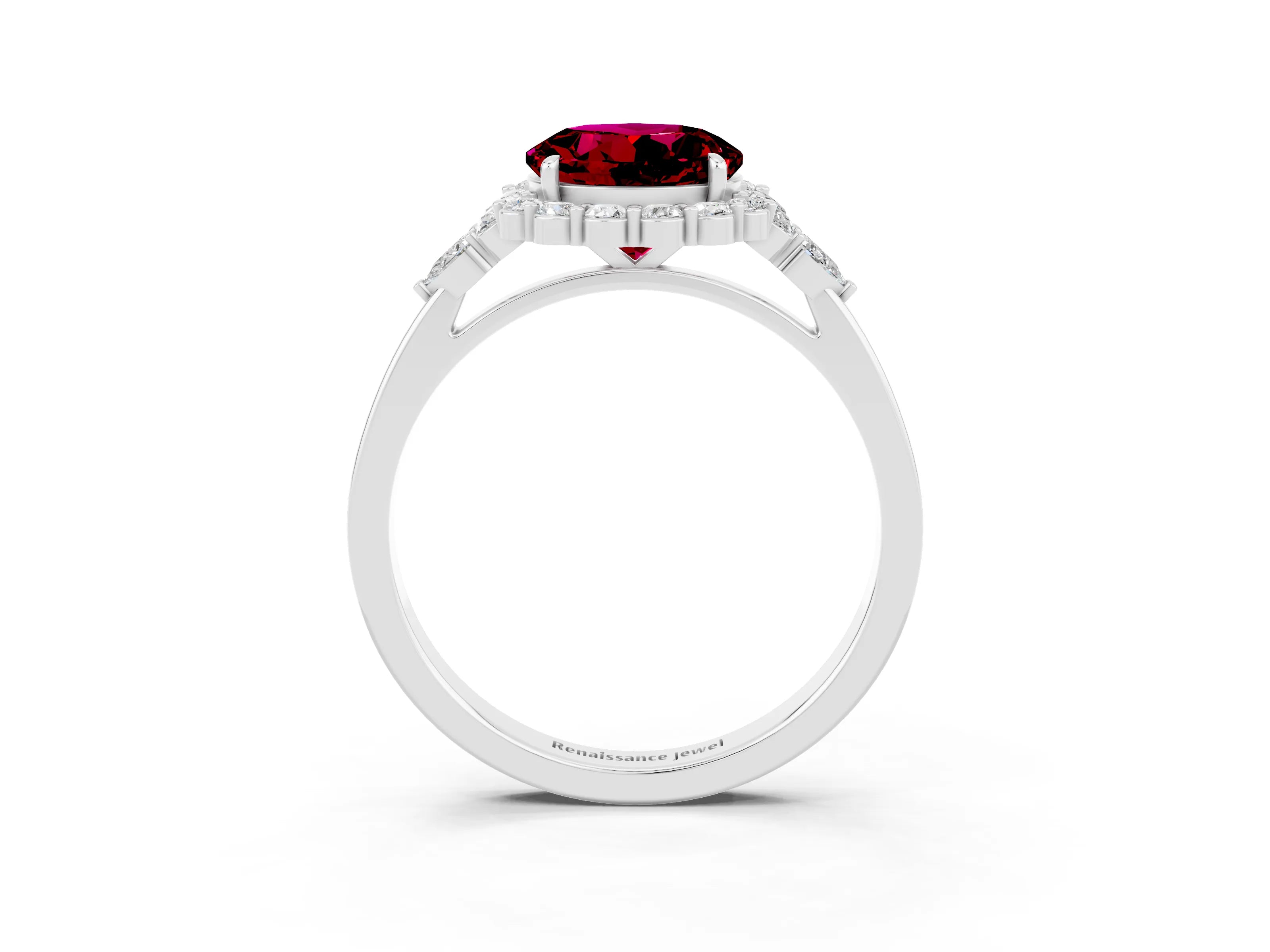 White gold Round Cut Garnet Halo Ring with Pear Side Stones and Prong Setting_27