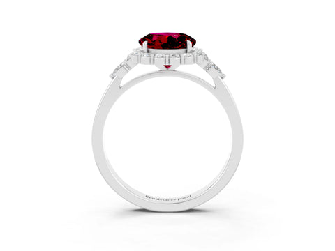 White gold Round Cut Garnet Halo Ring with Pear Side Stones and Prong Setting_27