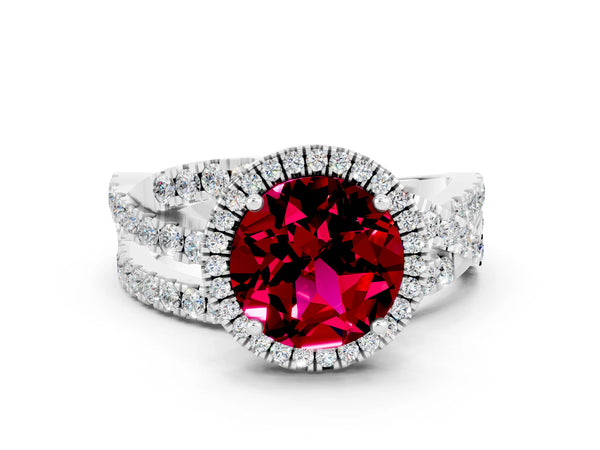 Platinum Round Cut Garnet Halo Ring with Round Split Shank and Prong Setting