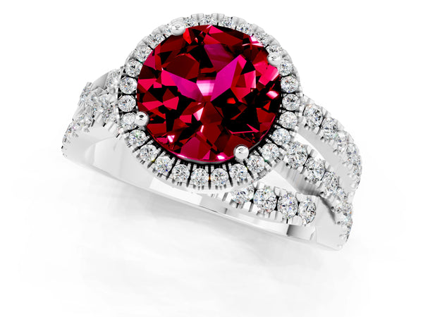 White gold Round Cut Garnet Halo Ring with Round Split Shank and Prong Setting