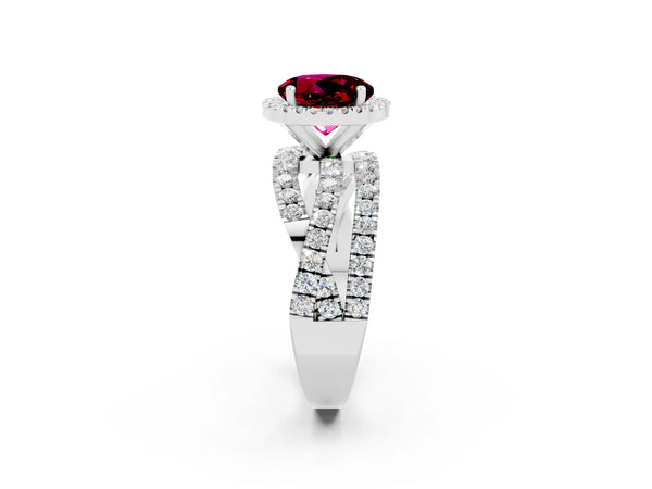 Silver Round Cut Garnet Halo Ring with Round Split Shank and Prong Setting