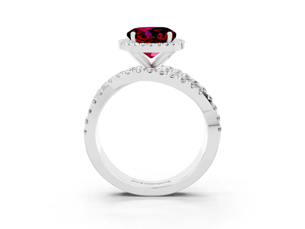 Silver Round Cut Garnet Halo Ring with Round Split Shank and Prong Setting