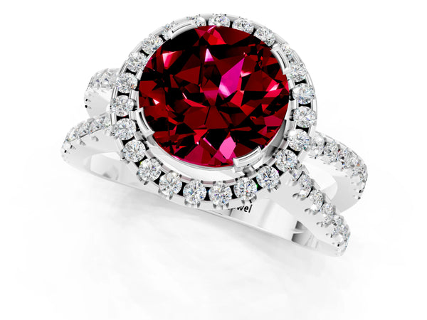 Platinum Round Cut Garnet Halo Ring with Split Shank Pavé Band and Prong Setting