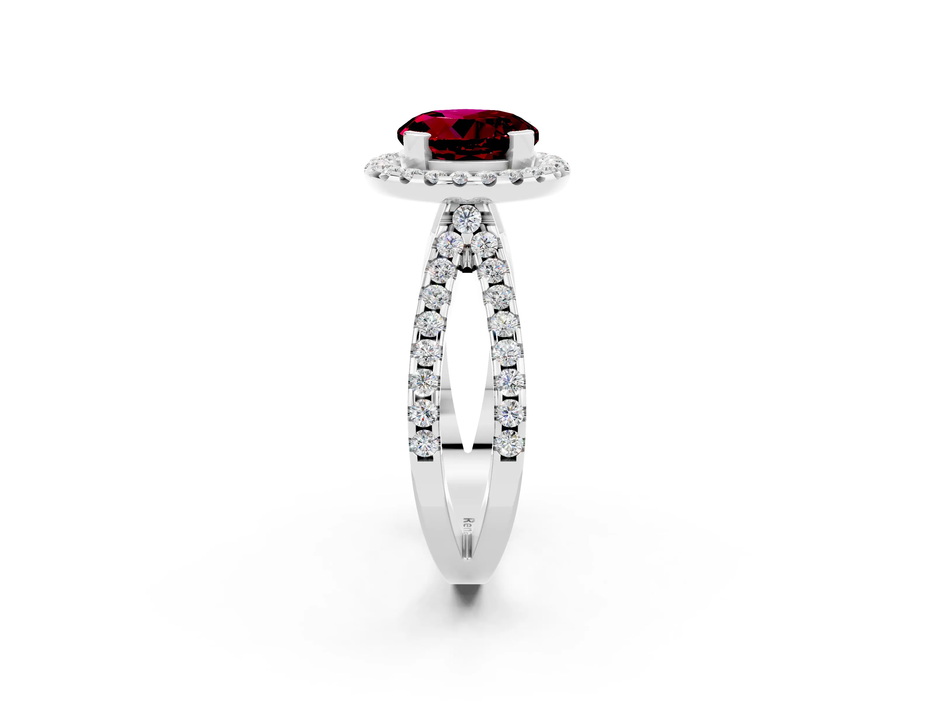 White gold Round Cut Garnet Halo Ring with Split Shank Pavé Band and Prong Setting_2
