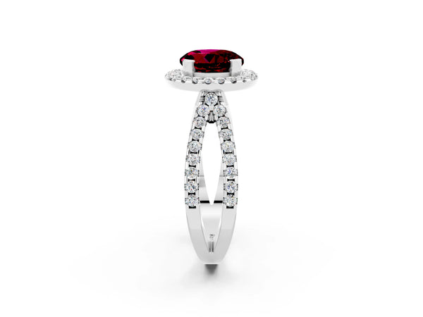 Silver Round Cut Garnet Halo Ring with Split Shank Pavé Band and Prong Setting