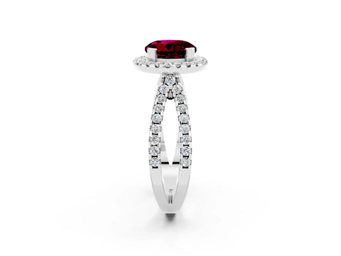 White gold Round Cut Garnet Halo Ring with Split Shank Pavé Band and Prong Setting_2