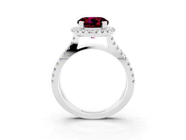 Platinum Round Cut Garnet Halo Ring with Split Shank Pavé Band and Prong Setting