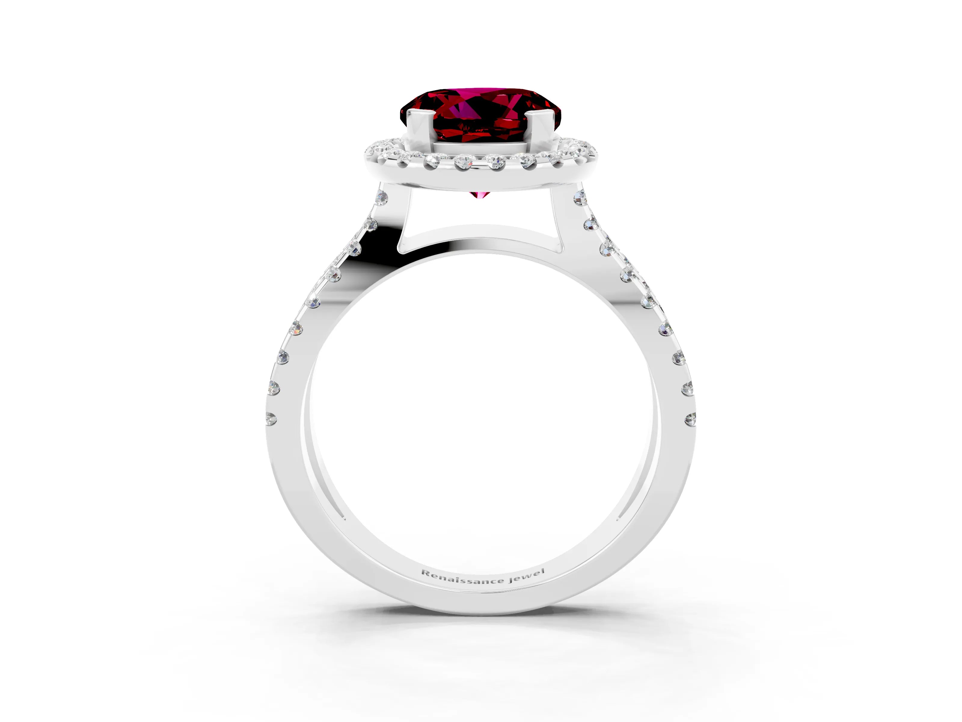 White gold Round Cut Garnet Halo Ring with Split Shank Pavé Band and Prong Setting_3