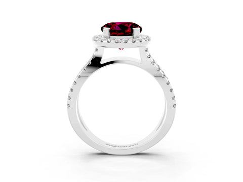 White gold Round Cut Garnet Halo Ring with Split Shank Pavé Band and Prong Setting_3
