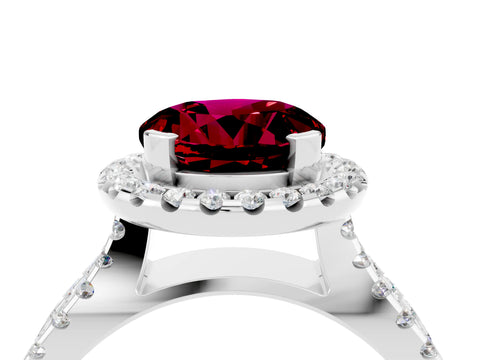 White gold Round Cut Garnet Halo Ring with Split Shank Pavé Band and Prong Setting_4