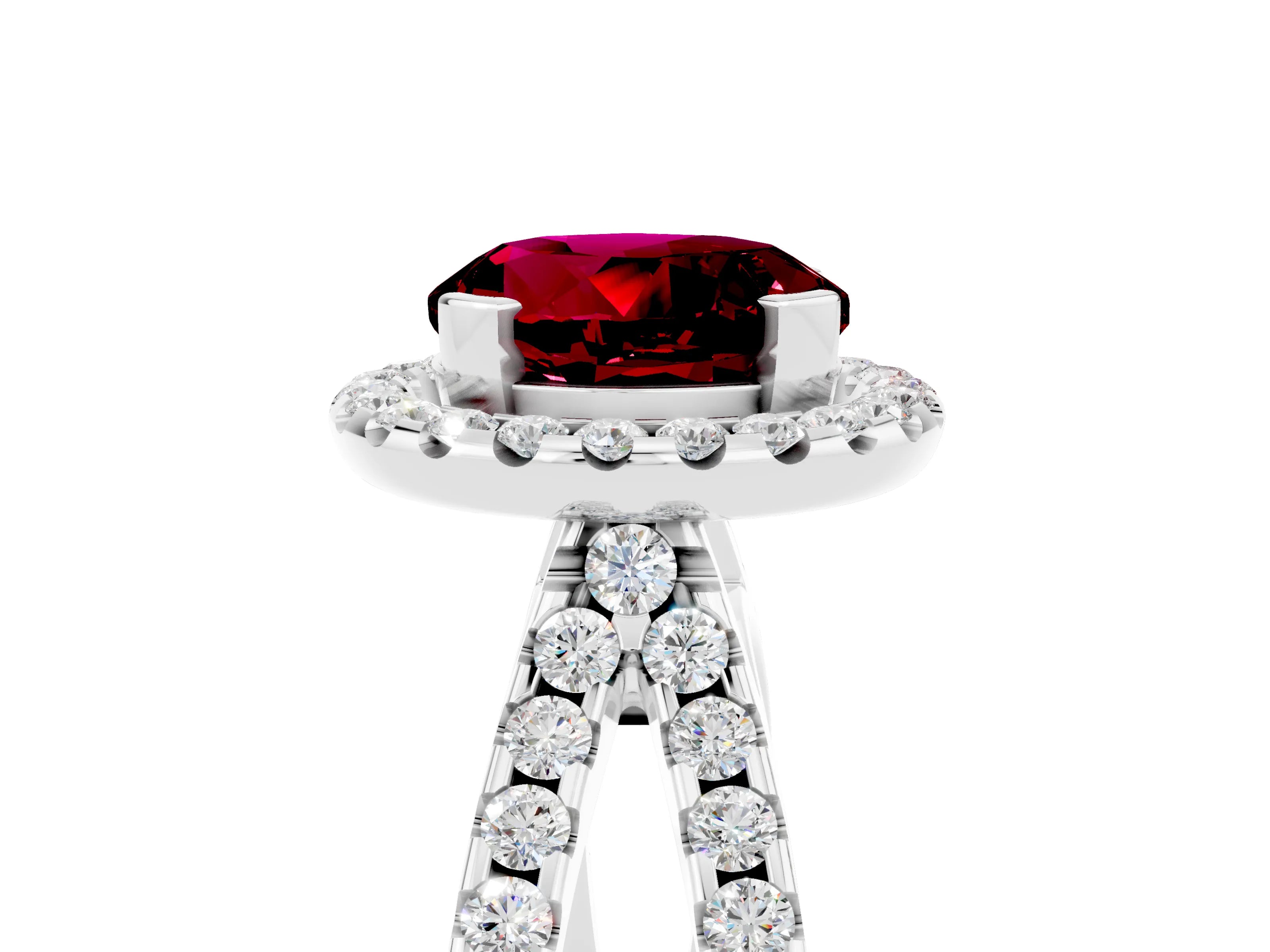 White gold Round Cut Garnet Halo Ring with Split Shank Pavé Band and Prong Setting_5