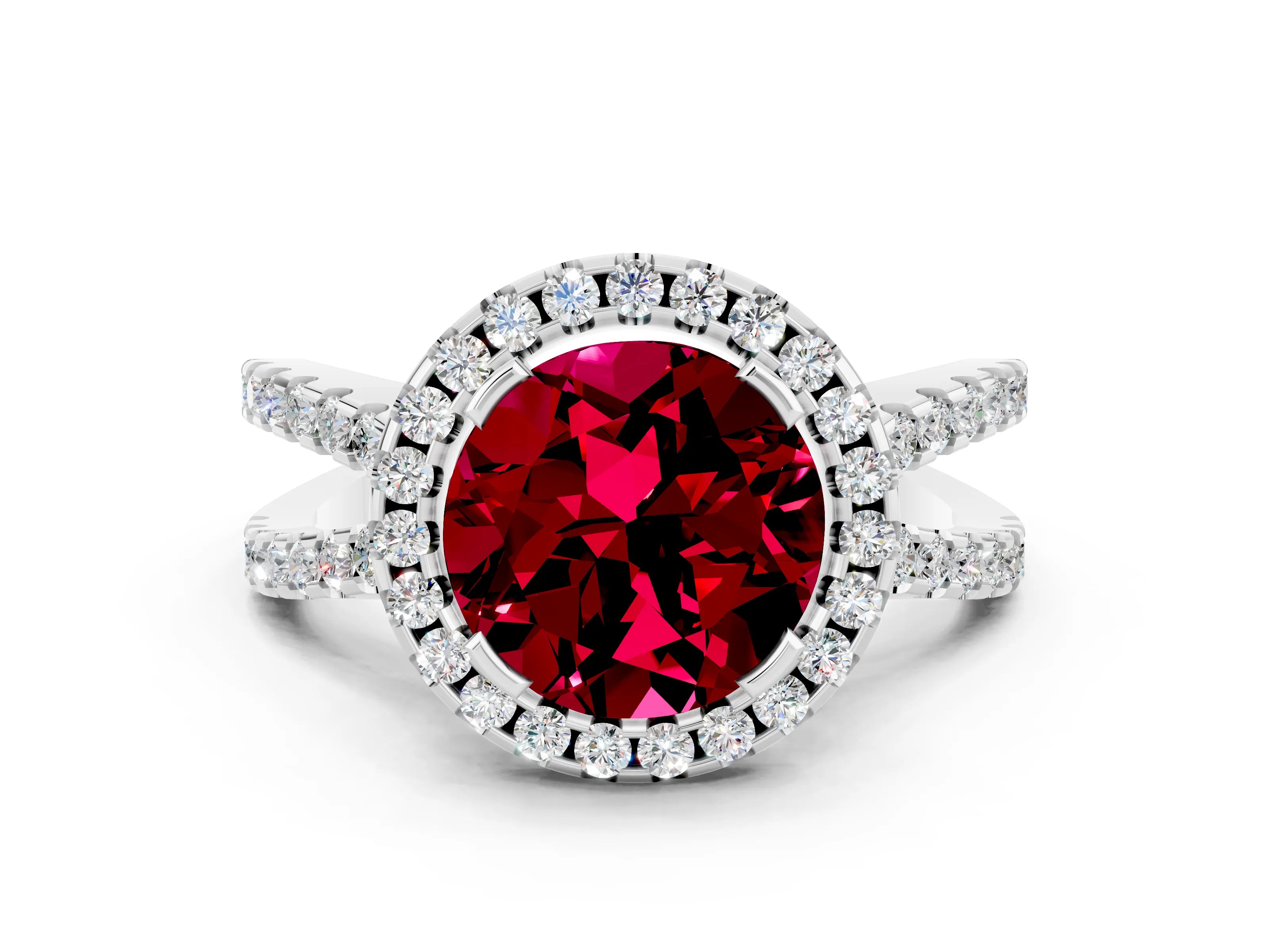 White gold Round Cut Garnet Halo Ring with Split Shank Pavé Band and Prong Setting