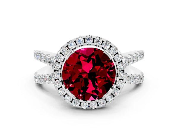 White gold Round Cut Garnet Halo Ring with Split Shank Pavé Band and Prong Setting