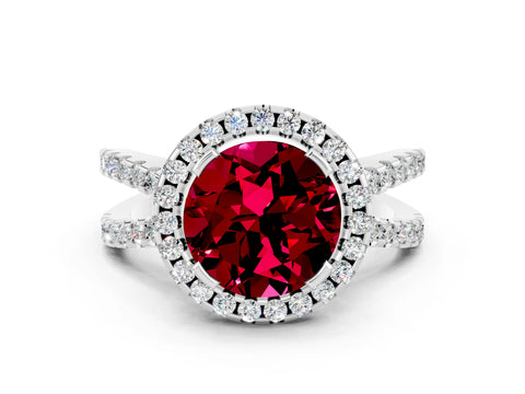 White gold Round Cut Garnet Halo Ring with Split Shank Pavé Band and Prong Setting
