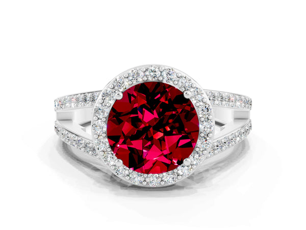 Platinum Round Cut Garnet Halo Ring with Split Shank U-Prong Band and Four-Prong Setting