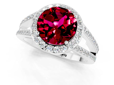 White gold Round Cut Garnet Halo Ring with Split Shank U-Prong Band and Four-Prong Setting_1