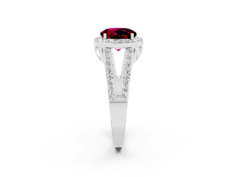 White gold Round Cut Garnet Halo Ring with Split Shank U-Prong Band and Four-Prong Setting_2