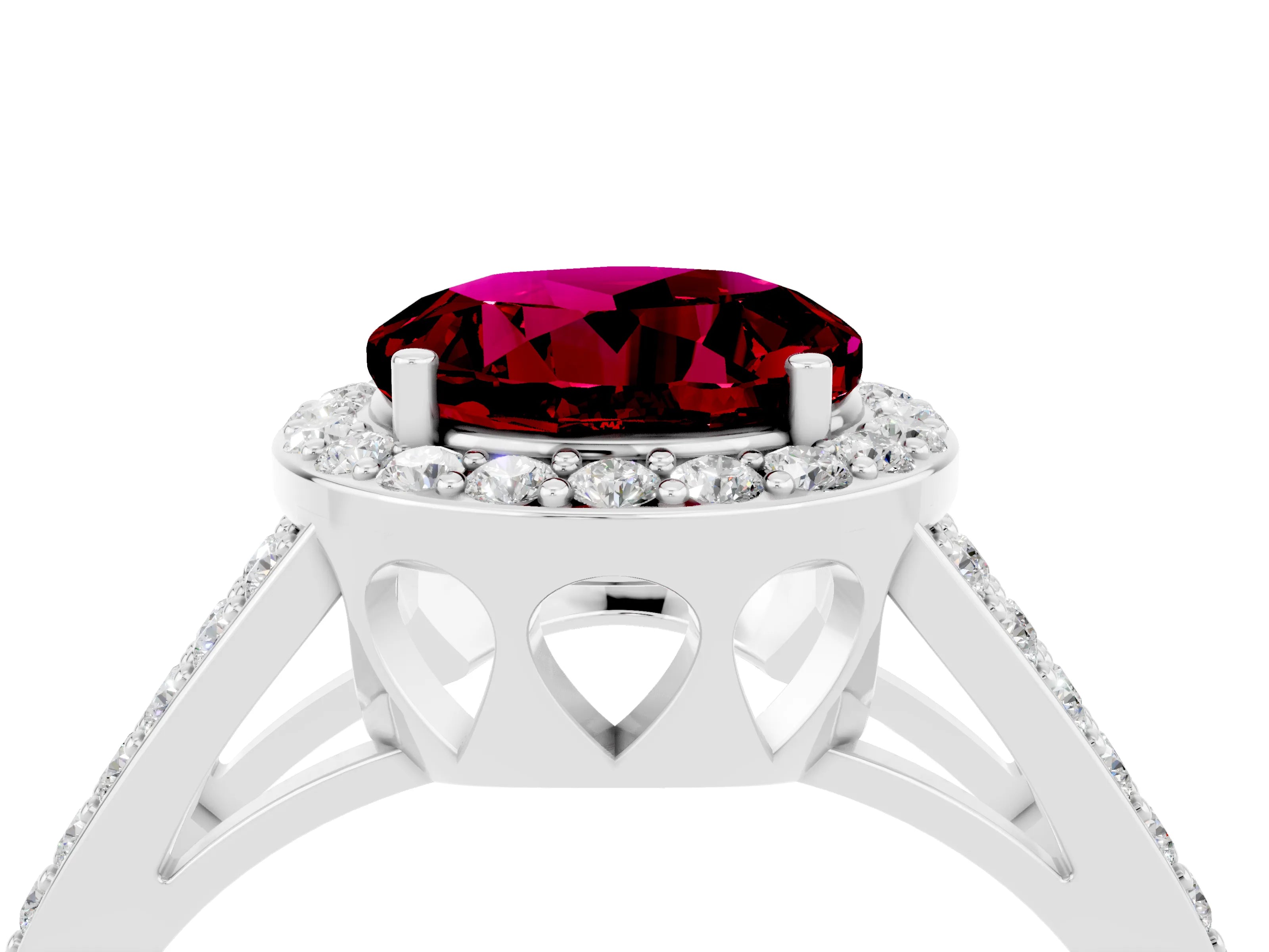 White gold Round Cut Garnet Halo Ring with Split Shank U-Prong Band and Four-Prong Setting_4
