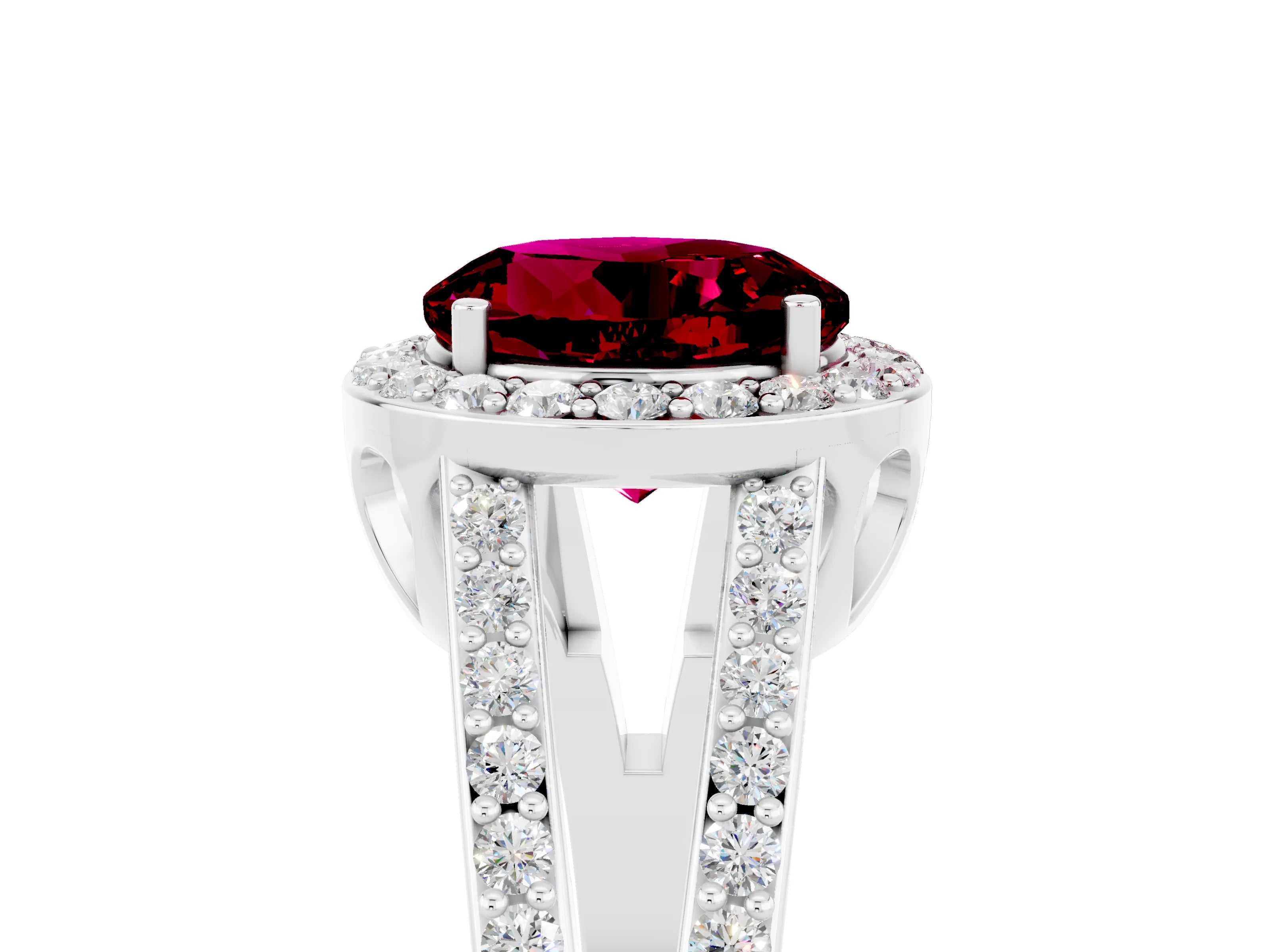 White gold Round Cut Garnet Halo Ring with Split Shank U-Prong Band and Four-Prong Setting_5