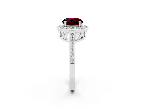 White gold Round Cut Garnet Halo Ring with Split Shank and Four-Prong Setting