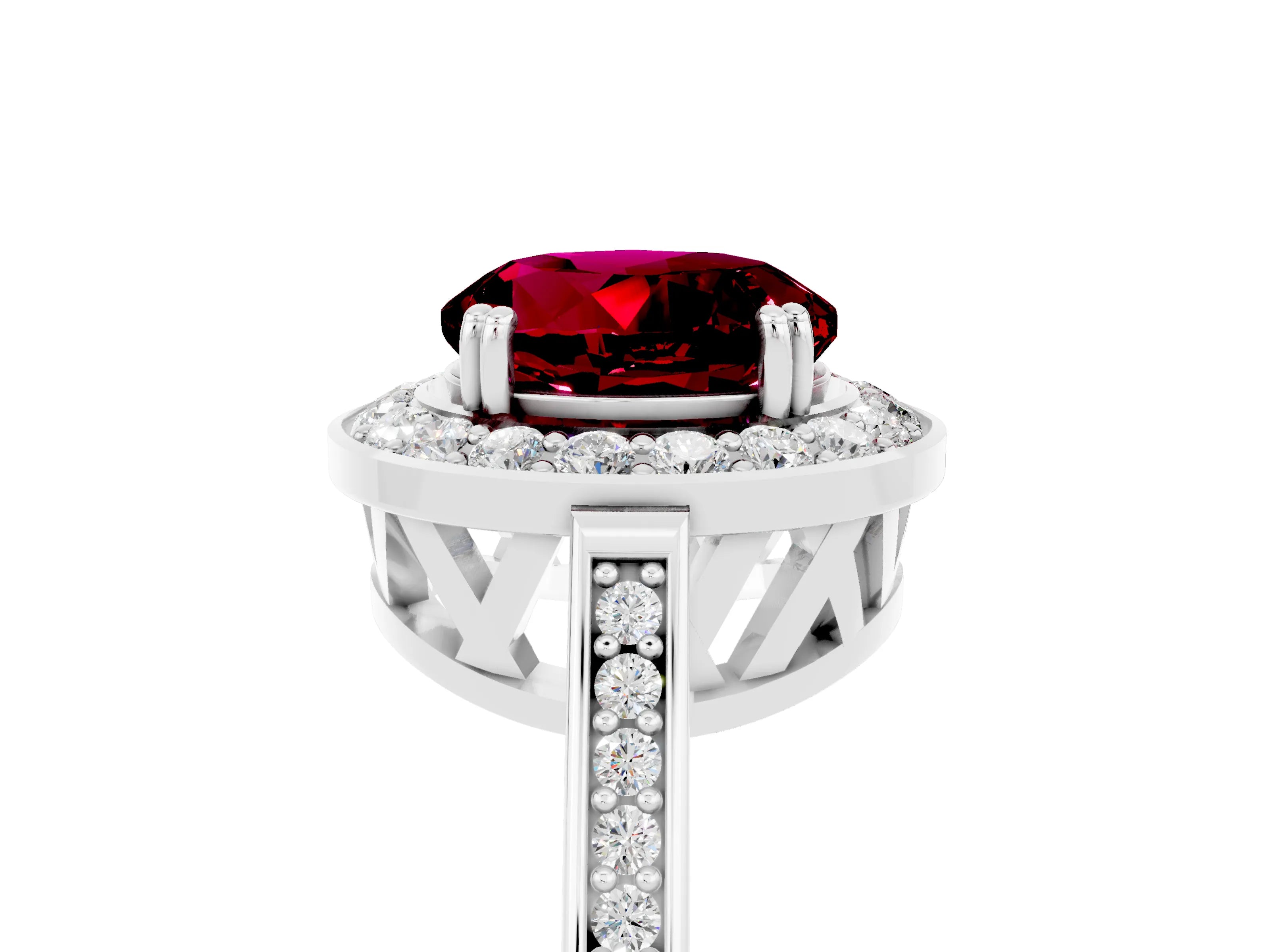 White gold Round Cut Garnet Halo Ring with Split Shank and Four-Prong Setting_17