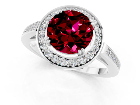 White gold Round Cut Garnet Halo Ring with Split Shank and Four-Prong Setting_1