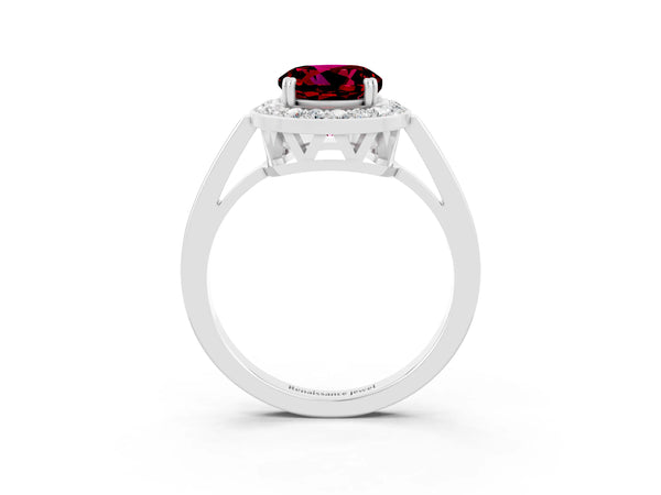 Platinum Round Cut Garnet Halo Ring with Split Shank and Four-Prong Setting