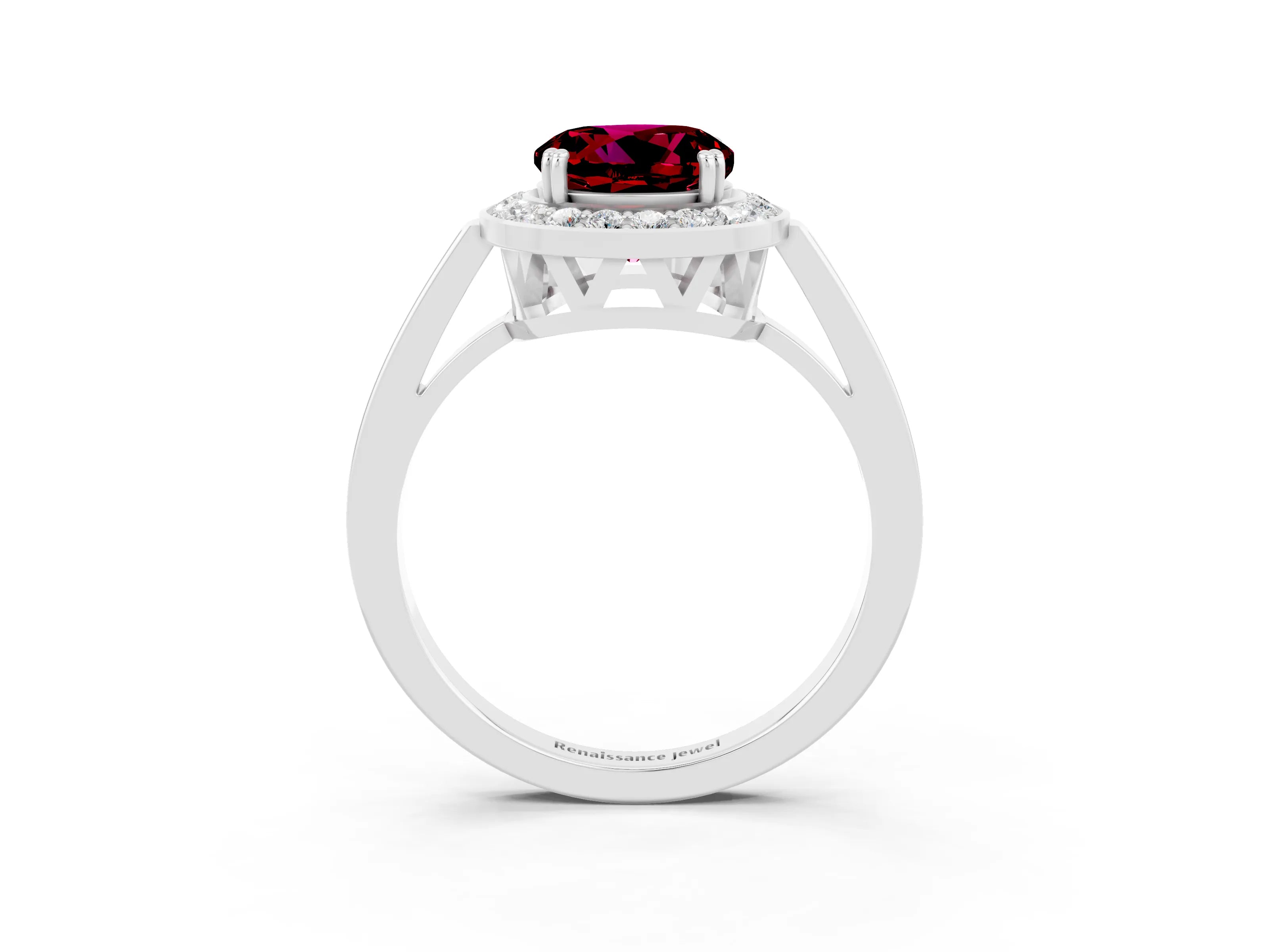 White gold Round Cut Garnet Halo Ring with Split Shank and Four-Prong Setting_3