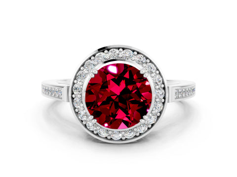 White gold Round Cut Garnet Halo Ring with Split Shank and Four-Prong Setting