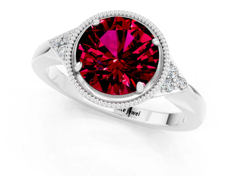 White gold Round Cut Garnet Halo Ring with Tapered Band and Four-Prong Setting_1