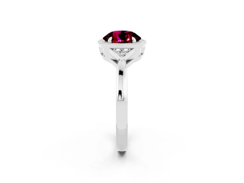 White gold Round Cut Garnet Halo Ring with Tapered Band and Four-Prong Setting_2
