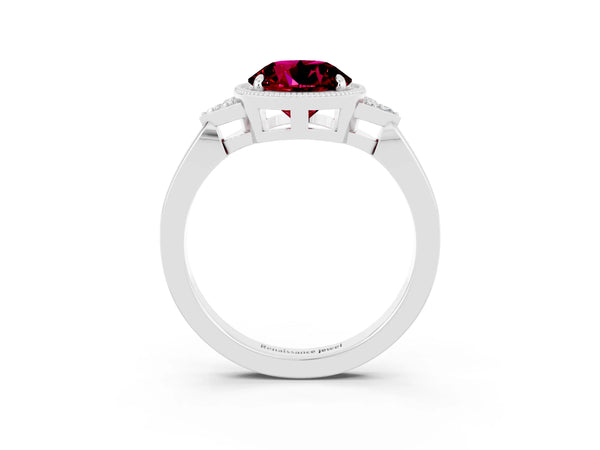 Silver Round Cut Garnet Halo Ring with Tapered Band and Four-Prong Setting