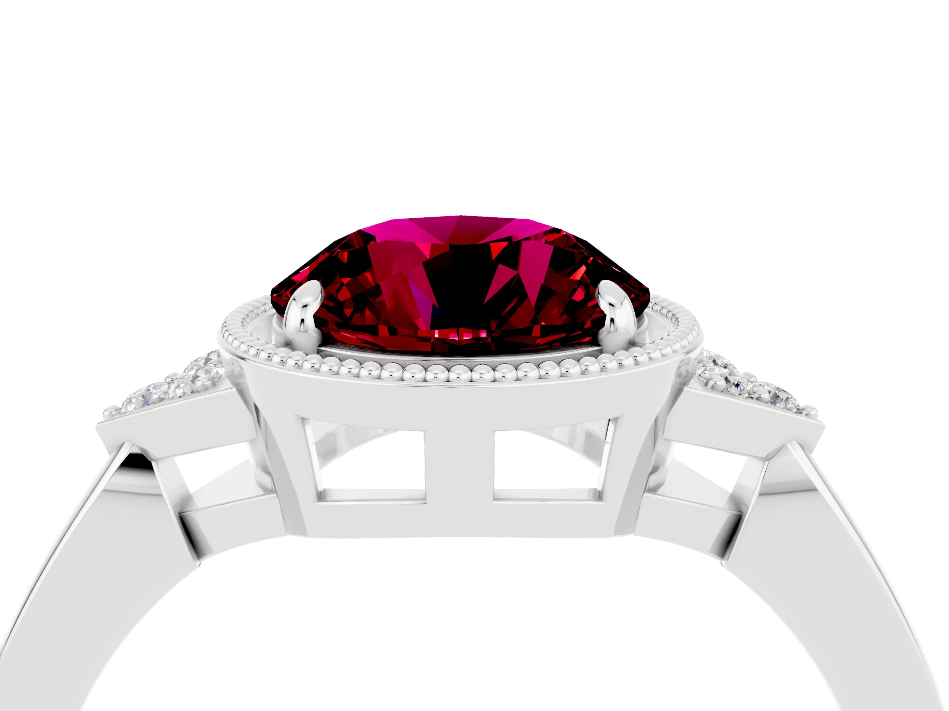 White gold Round Cut Garnet Halo Ring with Tapered Band and Four-Prong Setting_4