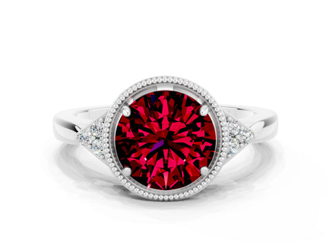 White gold Round Cut Garnet Halo Ring with Tapered Band and Four-Prong Setting