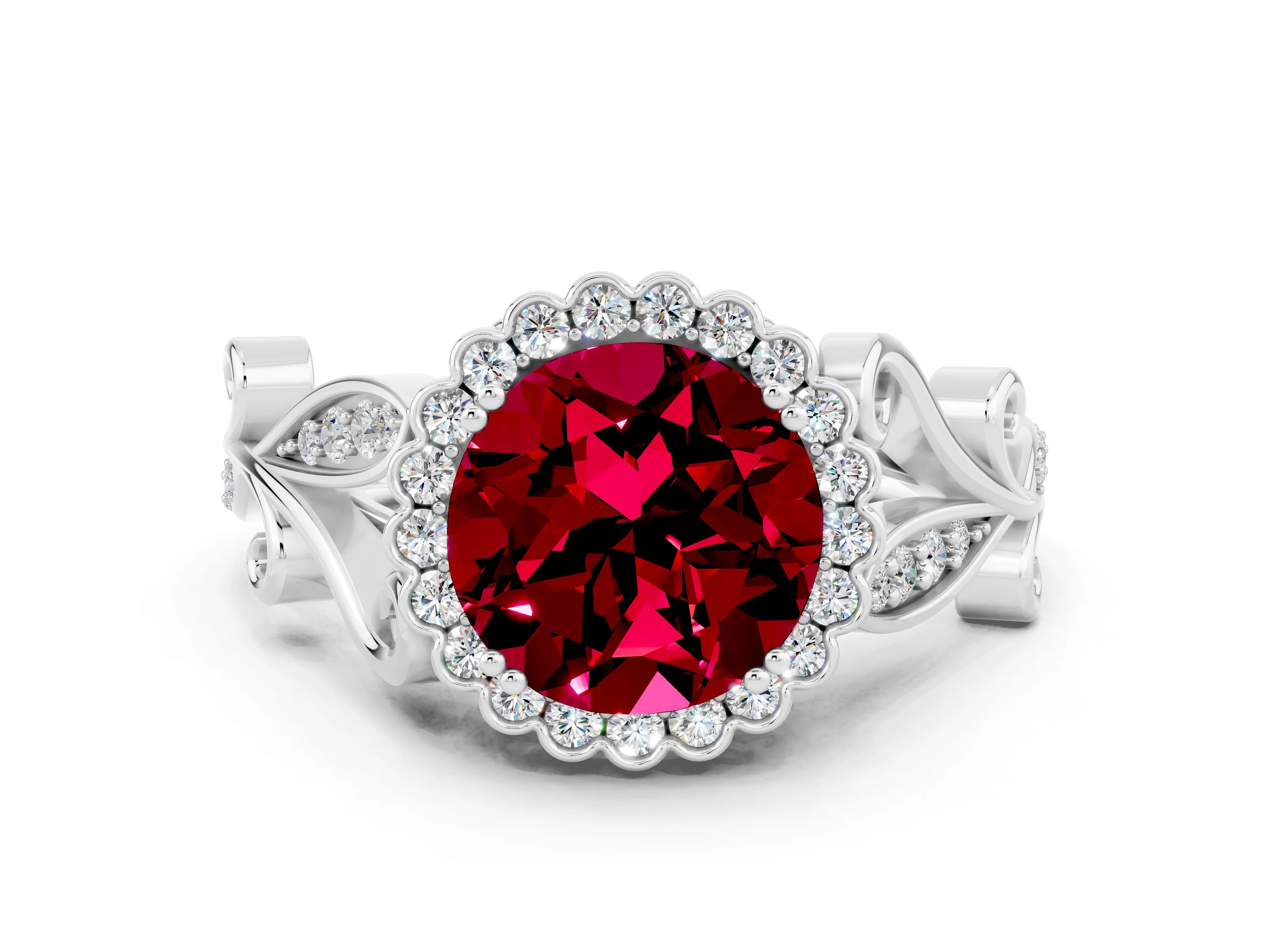 White gold Round Cut Garnet Halo Ring with Vintage Split Shank and Four-Prong Setting_30