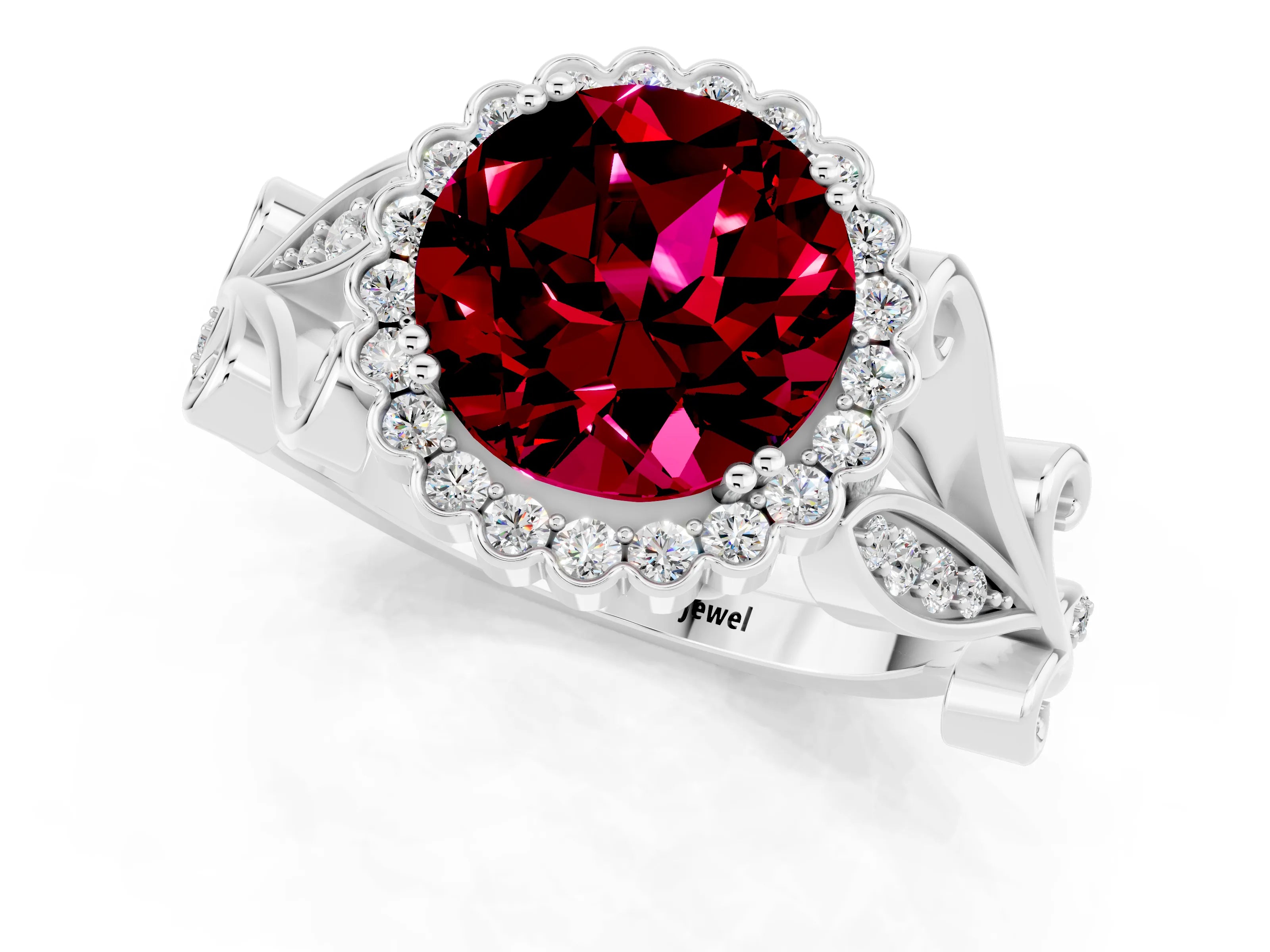 White gold Round Cut Garnet Halo Ring with Vintage Split Shank and Four-Prong Setting_31