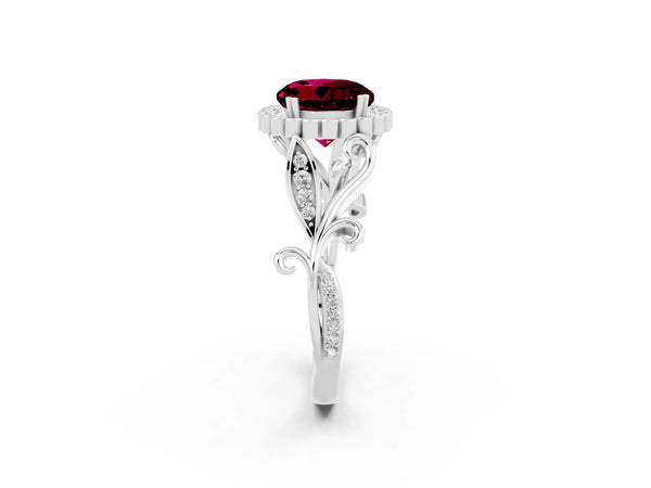 Silver Round Cut Garnet Halo Ring with Vintage Split Shank and Four-Prong Setting