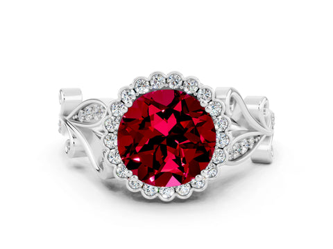 White gold Round Cut Garnet Halo Ring with Vintage Split Shank and Four-Prong Setting_32