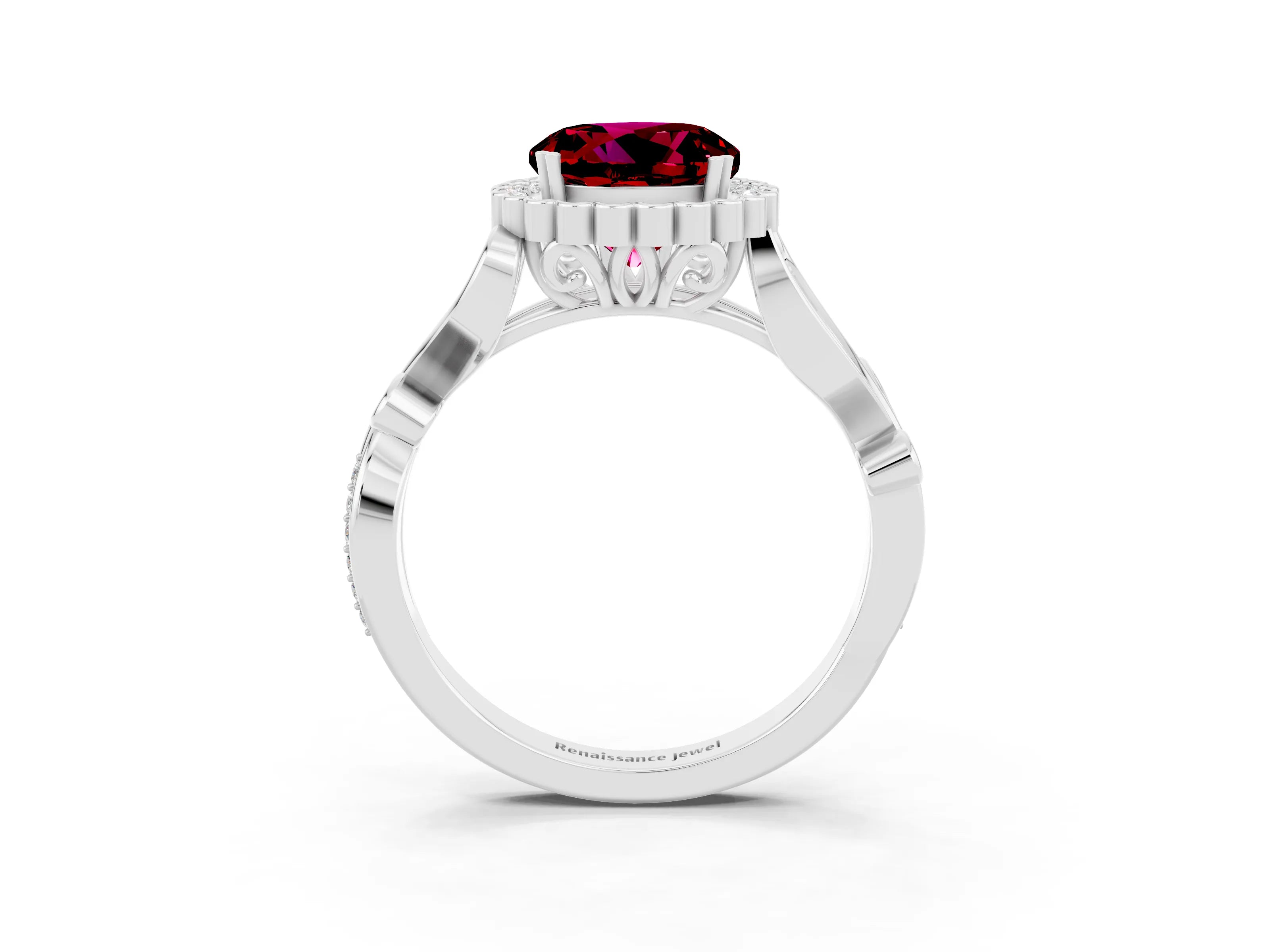 White gold Round Cut Garnet Halo Ring with Vintage Split Shank and Four-Prong Setting_35