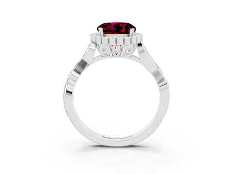 White gold Round Cut Garnet Halo Ring with Vintage Split Shank and Four-Prong Setting_35